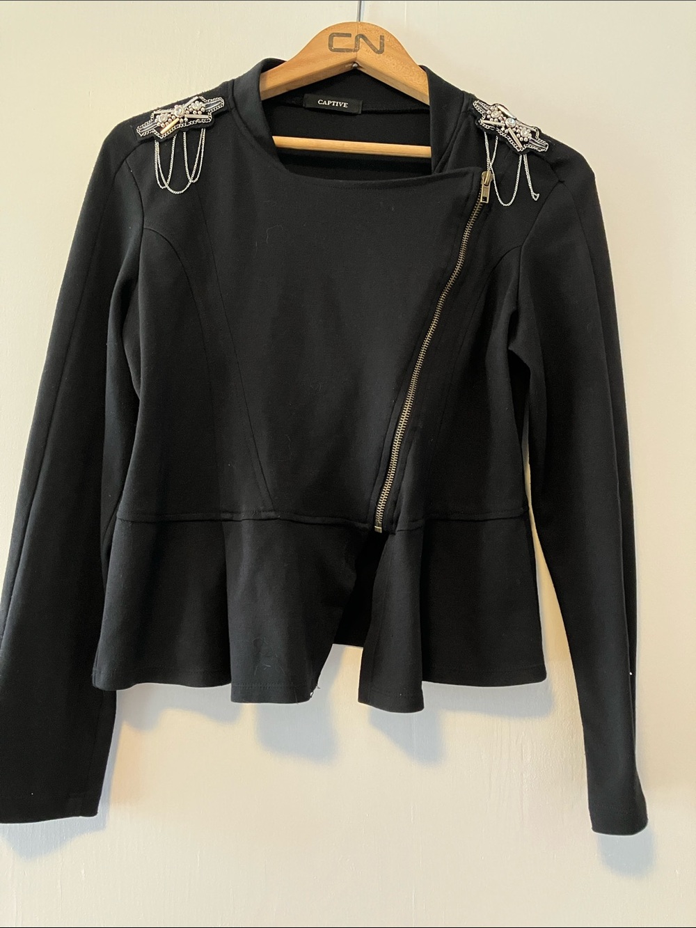 Y2K Black Asymmetrical Zip Toxedo style Jacket with Embellished Shoulders M/L